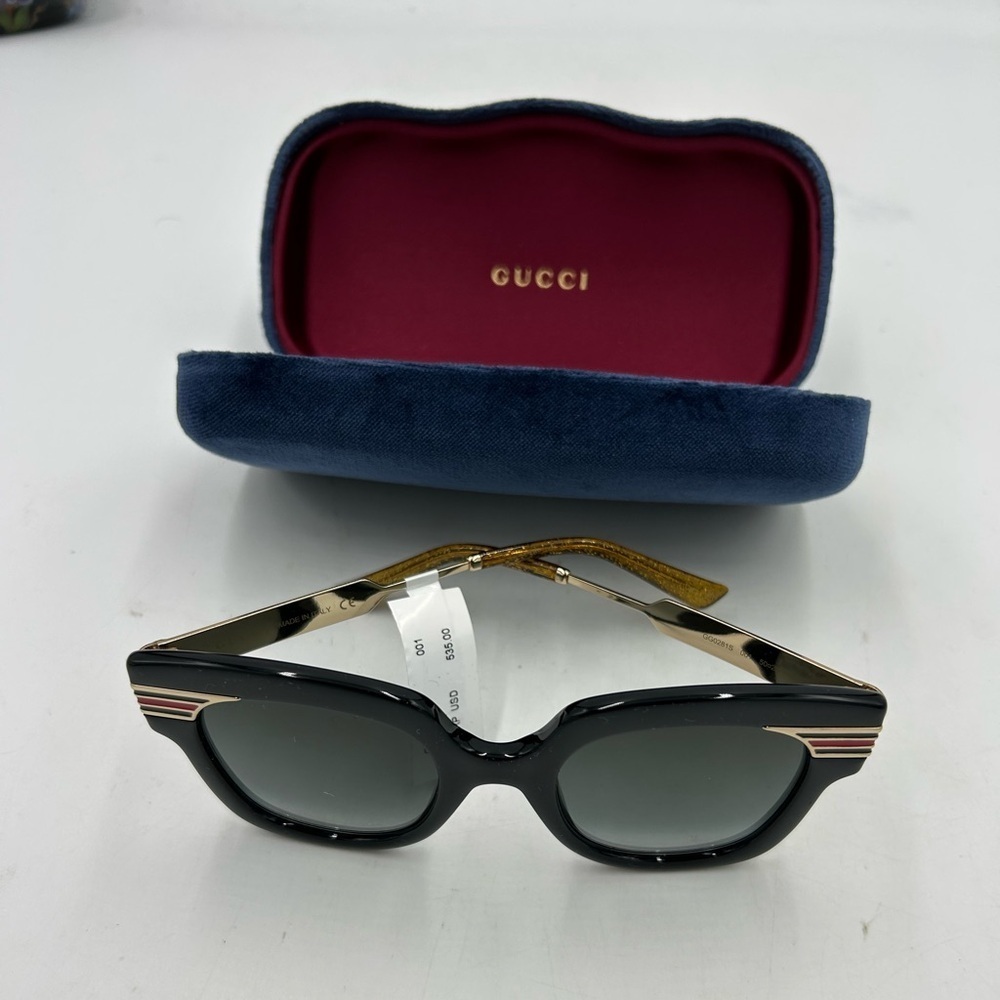New Gucci Black Sunglasses with Gold Arms and Red Stripe Detail